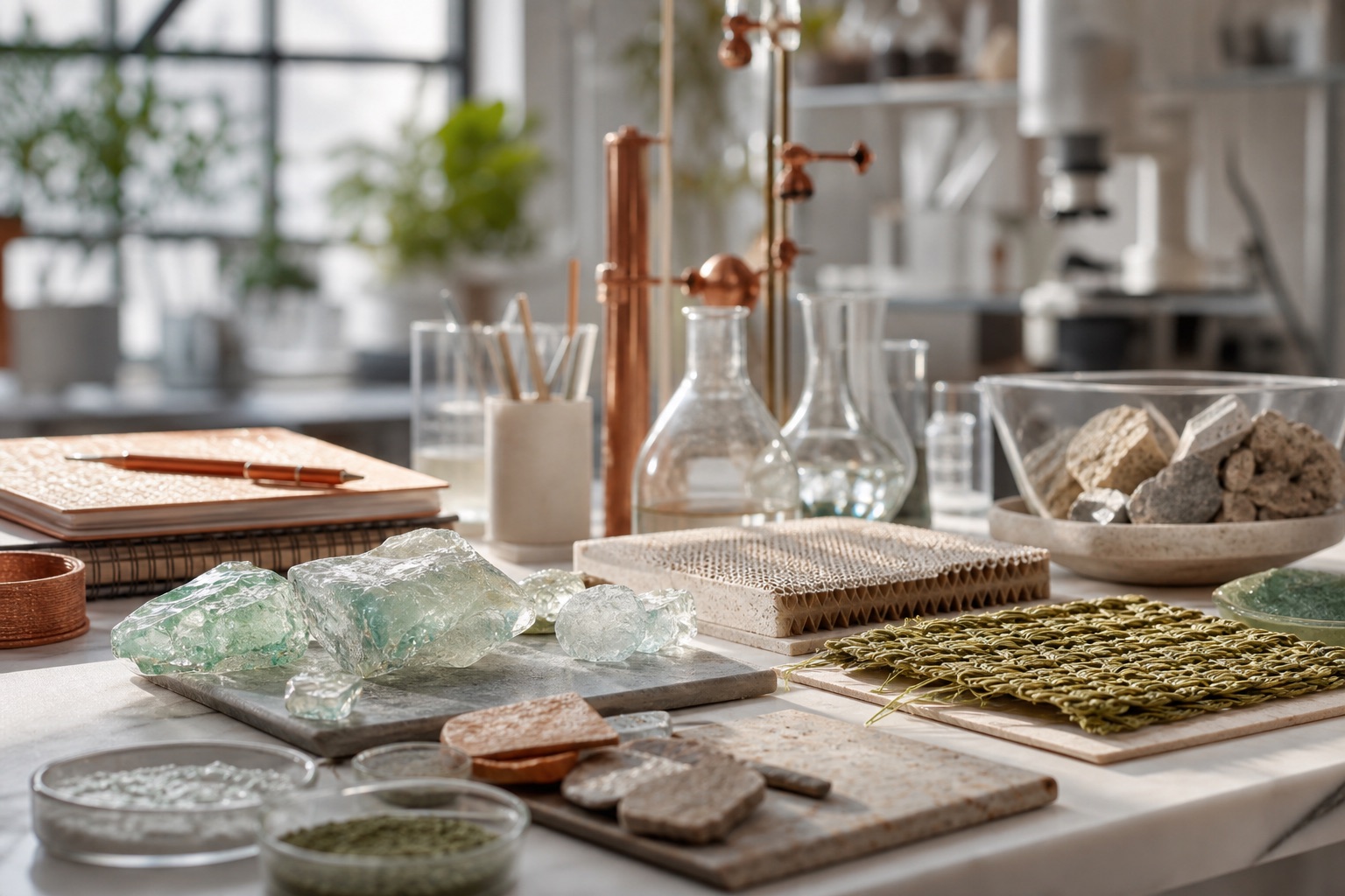 A materials lab bench with translucent samples, ceramic chips, notebooks, and morning light.